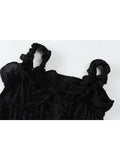 Women's Blouse White Hollow Out Mesh Black Ruffle Lace Up Draped Vest 2023 Summer Chic Vintage Casual Korean Shirt