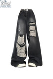 Women's Gothic Black Jeans High Waist Vintage Korean Fashion Y2k Streetwear Ripped Pants Harajuku Casual Wide Leg Denim