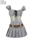 Women Denim Mini Dress Vintage Elegant Pleated Short Dresses Hot Sexy Y2k Party Club Off Shoulder Lace Up Vestidos Summer