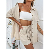 Shirts Suit Wide-leg Shorts Two Piece Set 2023 Short Sleeve Cotton Casual Long Blouse Women Pockets Loose Outfits