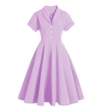 Women Patchwork Vintage 50s 70s Solid Dress Robe Ladies Notched Collar Button Belt Purple Elegant Party Rockabilly Swing