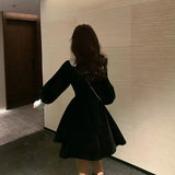 Korean Long Sleeve Mini Dress Women Spring Vintage Slim Vestidos Sweet Female Ruffles Peter Pan Collar Black Velvet