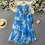 Women French Fashion Single Breasted V Neck Long Dress With Belt Summer Autumn Elegant Print A-line Robe Female Holiday