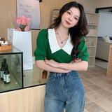 Vintage Knitted Pullover T Shirt Women Sweet Patchwork Puff Short Sleeve Tops Office Elegant Peter Pan Collar Slim