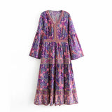 Queens Women Purple Floral Print Batwing Sleeve Beach Bohemian Pleated Maxi Dresses Ladies V Neck Summer Dress