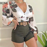 Spring V Neck Tropical Print Long Sleeve Top & Shorts Set Women Sets 2 Piece