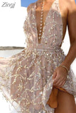 Sequined Tassels Patchwork Sexy Women Dress Beach 2023 Deep V-neck Halter Off Shoulder Backless High Waist Mni