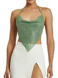 Sexy Women Sparkly Halter Tank Crop Tops Backless Chains Linked Sleeveless Rhinestones Glitter Mini Vest Club