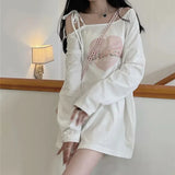 Sweet T Shirt Women Sexy Off Shoulder Love Printed Lace Up Long Sleeve Tops Student Kawaii Loose Casual Bandage Chic