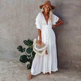 Women Swimsuit Cover Ups Mandarin Sleeve Kaftan Beach Tunic Dress Robe De Plage Solid White Pareo Beach