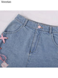 Harajuku Lolita Style Denim Shorts Girly Sweet Cute Cartoon Piggy Embroidery Bow Bandage Short Pants Women Kawaii