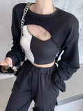 Hollow Out Long Sleeve T-shirt Patchwork Tank + Black Cloak Pullover T-shirt Two Piece Tops Streetwear Crop Tops
