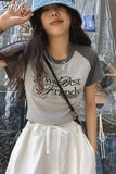 Fit Summer High Waist Crop Tops Tees Women Retro Half Sleeve Hotsweet American Letter O Neck Y2k Pink Harajuku