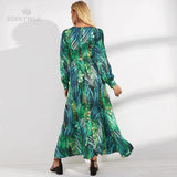 Leaf Printing Deep V-Neck Dress 2022 Spring/Autumn Women Beachwear Plus Size Half Sleeve Side Split Long Dresses