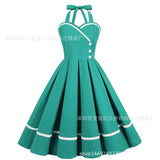 Women Summer Elegant Halter Sexy Party Pleated Dress Pinup Casual Solid Vintage Swing 50s 60s Retro Rockabilly Dresses