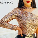 Women O Ring One Shoulder Sequins Bodysuit Spring Tops and