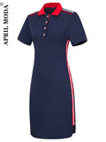 Woman T Shirt Polo Dress Oversize Short Sleeve Button Front Summer Patchwork Casual Polo Tshirt Vestidos Red Big Size