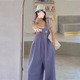 Streetwear Overalls Women Korean Oversized Jumpsuits Summer Office Lady Patchwork Wide Leg Suspender Pants Casual