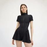 Zingj New Women's Round Collar Solid Color Short Sleeve Zipper Short Jumpsuit Dress