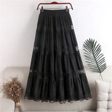 kawaii Chiffon Lace Stitching A-line pleated skirt Women's High Waist Midi Skirts Black Purple Elegant Party Long