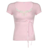 Lace Trim Bow Splice V Neck Long Sleeve TeeOutfit