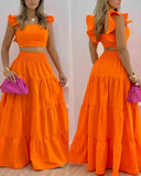 Summer Bright Flutter Sleeve Shirred Back Crop Top & Maxi Skirt Set Two Piece Women Boho Long Skirt Suits Robe