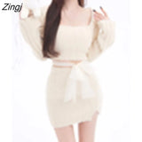 Autumn Elegant Knitted 2 Piece Dress Female Party Y2k Mini Dress + Office Lady Short Skirt Korean Fashion Sweater Chic
