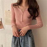 Sweater Women Solid Color O-neck Pullovers Basic Primer Pull Femme Button Chic Jumper Soft Slim Autumn Knitted