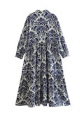 2023 Vintage Print Long Dress Women Blue Shirt Dress Woman Ruffle Long Sleeve Midi Dresses Women's Elegant Loose