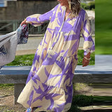 Purple Print V-Neck Pleated Beach Dress Women Fashion Flare Sleeves Swing Long Dress 2023 Autumn Casual Loose Dress