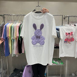 Pure Cotton Purple Crystal Diamonds Rabbit Embroidery Cute T Shirts Kawaii Women Girls Loose Casual Tops Korean
