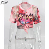 Summer Loose Gray Tassel Graphic T shirts Tie Dye Print TShirt Crop Tops Women 2022 Streetwear Tee TShirts For