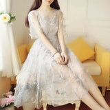 and summer super fairy fairy long dress elegant short-sleeved pure color O-neck applique elegant and sweet fairy