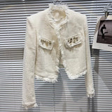 2022 Autumn Long Sleeve Rhinestone Pins Cardigans Tweed Jacket Bright Silk Shorts Two Piece Set Women Outfits