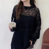 Y2K Hollow Out Pullover Sweater Women Sweet Sexy See Through Thin Loose Jumper Korean Oversized Sun Protection Shirt