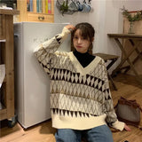 Harajuku Vintage Sweaters Women Argyle V-Neck Loose Y2k Pullovers Autumn Winter Casual Korean Lazy Wind Students Tops
