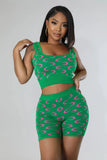 Printed Women Knitted 2 Piece Set Sleeveless Tank Top Skinny Biker Shorts Matching Short Jogger Set Fitness
