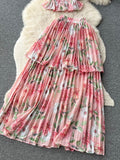Women Floral Chiffon Two Piece Set Sexy Square Collar Short Puff Sleeve Tops + Ruffle Pleated Midi Skirt Beach 2Pcs