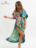Bohemian Printed Short Sleeve Self Belted Side Split Summer Beach Dress Green Cotton Tunic Women Beachwear Maxi Dress