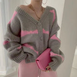 for Women Stripe Patchwork V-Neck Oversized Cardigan Loose Lazy Coats Woman Winter 2021 Korean Fashion Cardigan