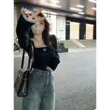Y2K Cropped Knitted Pullovers Women Square Collar Patchwork Sweater Korean Elegant Slim Knitwear Casual Chic Jumpers