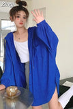 Coats Summer Solid Hooded Oversize Button Thin Sweatshirts Women Preppy Style Mid Length Zip Up Jackets Korean
