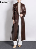 Spring Autumn Long Shiny Reflective Crocodile Print Patent Pu Leather Trench Coat for Women Runway European
