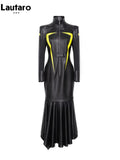 Spring Autumn Cool Red and Black Patchwork Faux Leather Maxi Dress Women with Detachable Hem Luxury Designer