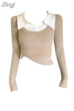 Winter Fashion Women's Fake Two Piece Lapel Collar Knitwear Sweaters Black Casual Slim Pullover Tops All-Match Korean