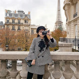 Women Elegant Vintage Houndstooth Tweed 2pcs Sets Bow Tie Double Breasted Wool Coat +Plaid High Waist Bag Hip Mini Skirt