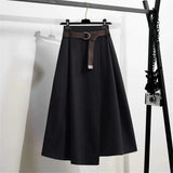Women elastic High waist Long Skirt Autumn Harajuku Vintage Solid Sashes Pleated Skirt Office Korean Fashion Irregular Plus