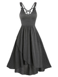 Casual Sleeveless Criss Cross Dresses Lattice Overlap High Stretch Regular Solid Color