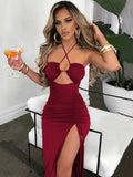 Halter Hollow Out Drawstring Long Dress Women Fashion Sleeveless Backless High Split Elegant Ruched Dress