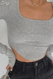 Autumn Fashion Casual T-shirts Irregular Hem Long Sleeve Square Collar Crop Top Women Solid Ribbed Pullovers